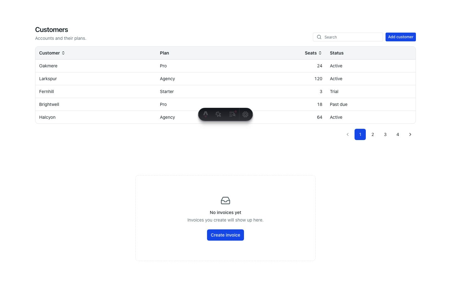 The customers table in a browser