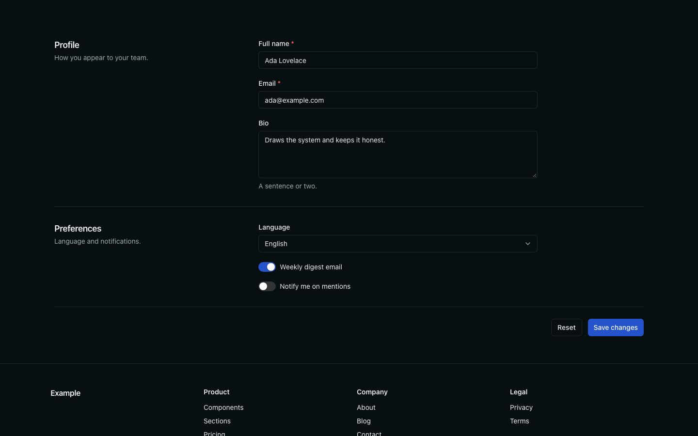 The settings page in a browser
