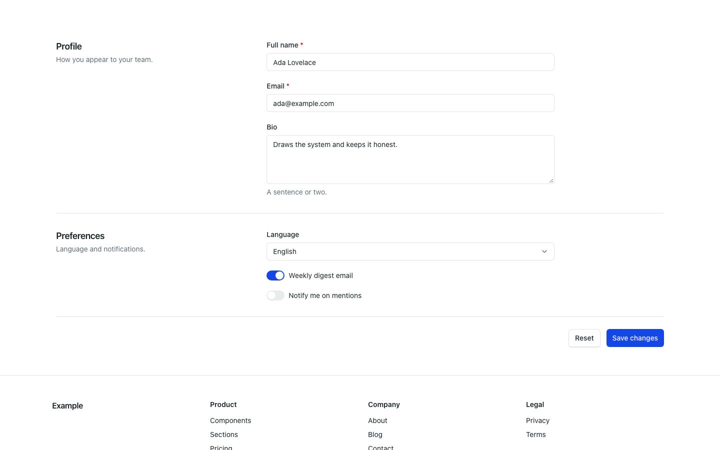 The settings page in a browser